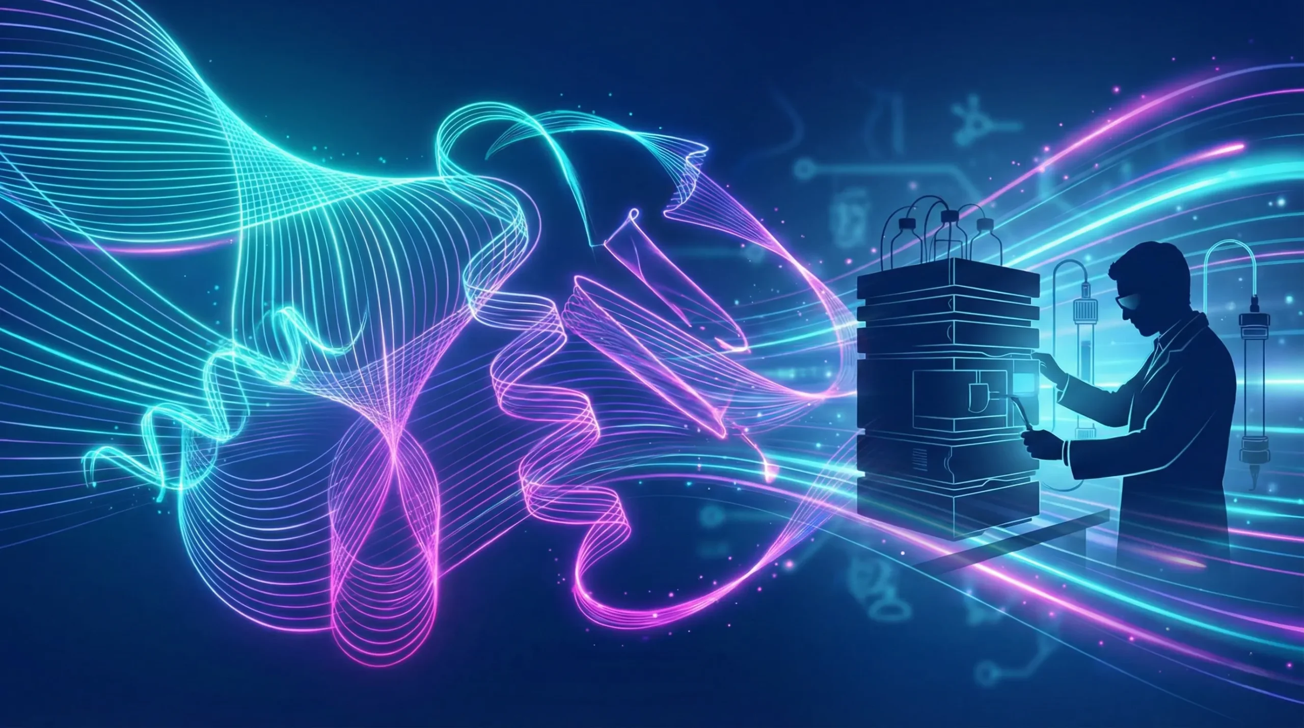 Abstract glowing peptide molecular chain with digital light streams representing innovative drug discovery and biotechnology research