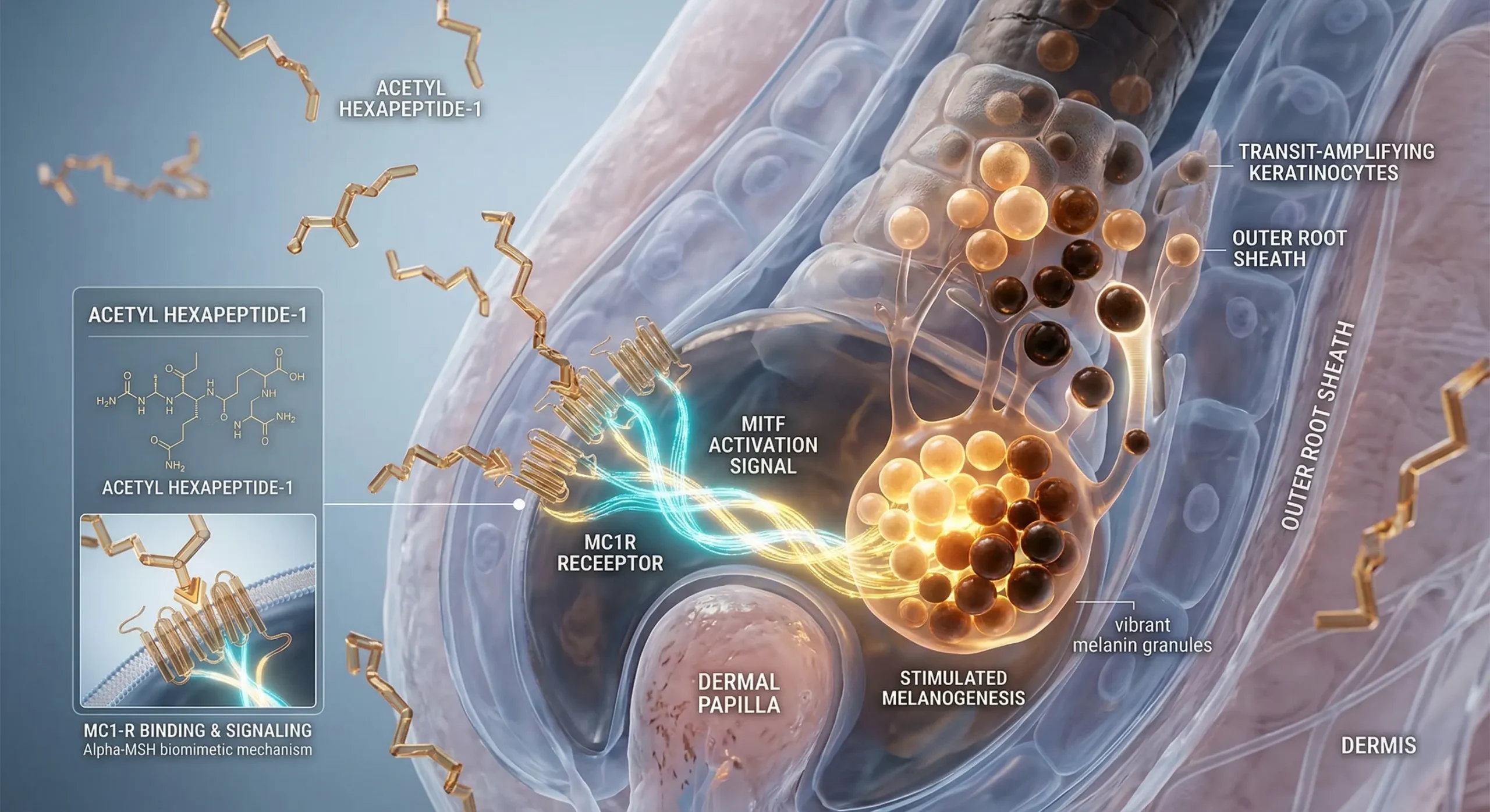 cinematic 3D medical animation frame of Acetyl Hexapeptide-1 molecules interacting with a human hair follicle